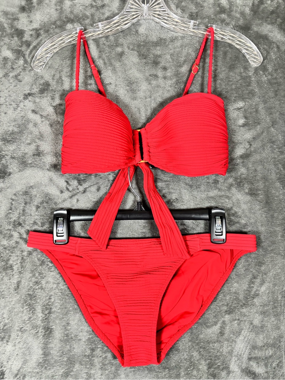 Vix Paula Hermanny Women's Dune Ribbed Red Bikini Set Top and Bottom Size Large